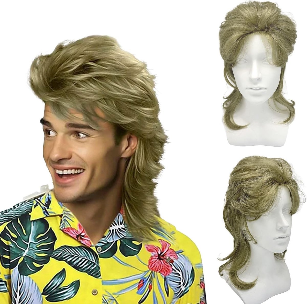 Vokuhila Lange Krullende Peruk voor Mannen - Retro Disco Cosplay en Halloween Accessoire in Blondes Haar