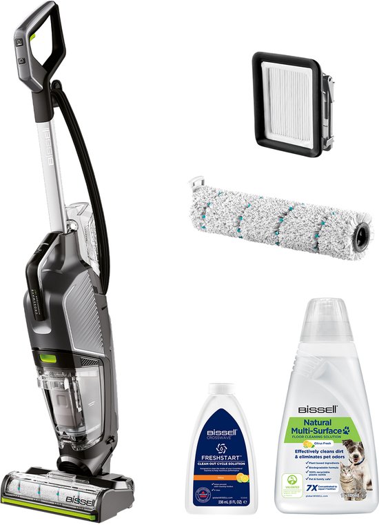 Zwart en grijs BISSELL CrossWave HydroSteam met snoer, reinigingsvloeistoffen en reservefilter.