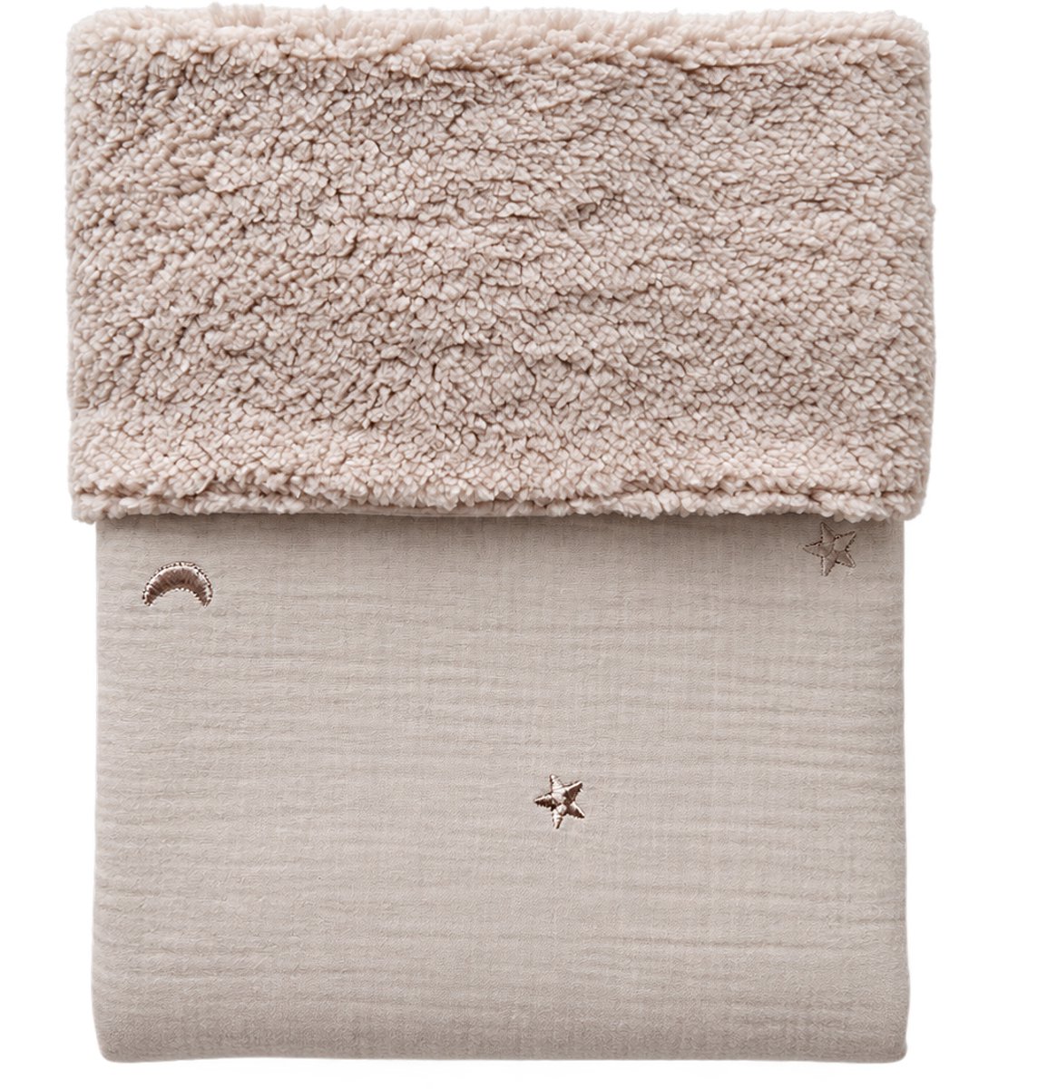 Wiegdeken teddy stof licht beige - maan en sterren - zand - hydrofiel - 70 x 100 cm - Handgemaakt - Handmade