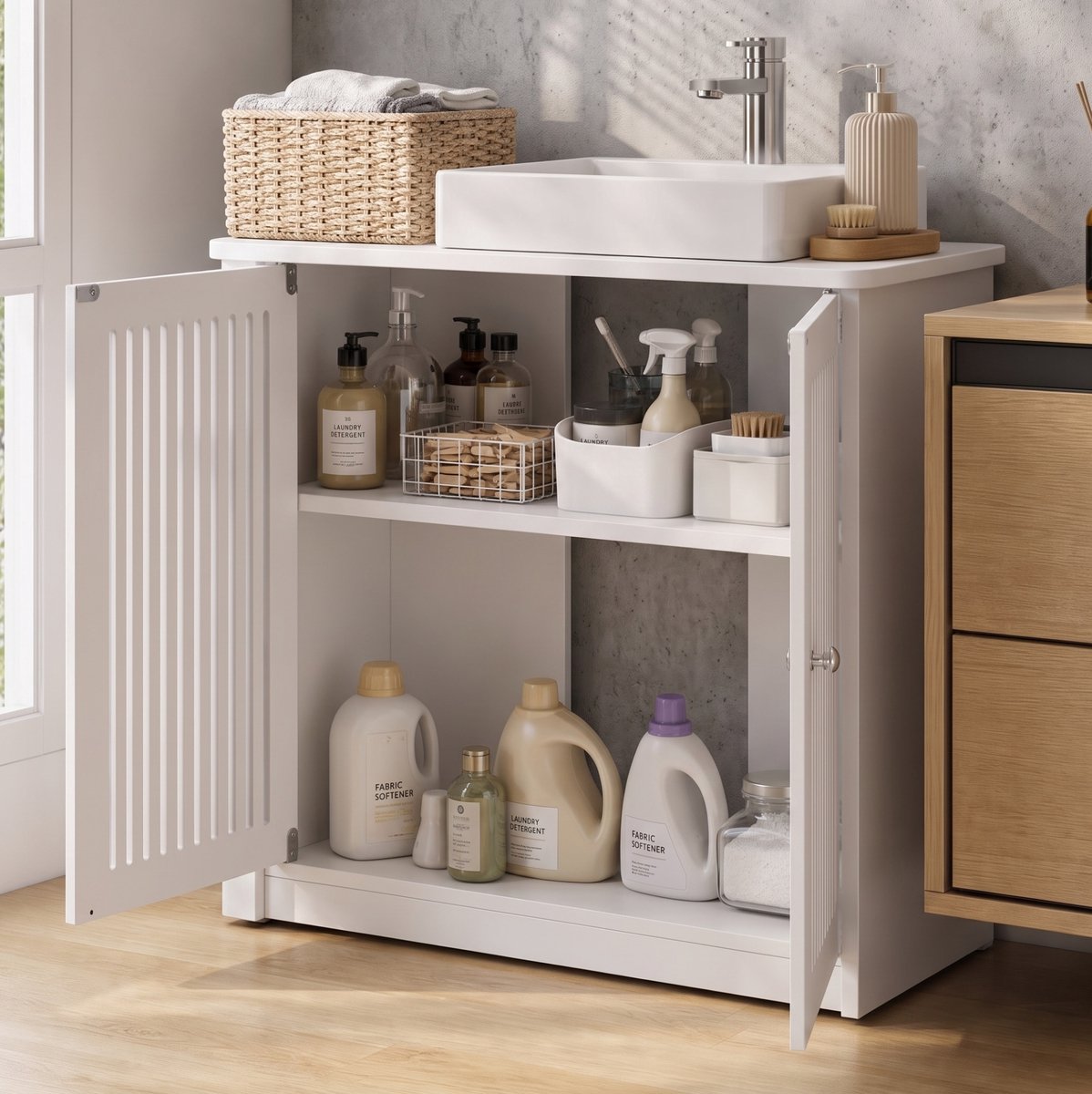 DESMIU Wasmeubel Zonder Wastafel Met Dubbele Deuren En Lamellenfront Voor Badkamer En Wasruimte MDF En Spaanplaat Wit 70x35,3x14,5 cm