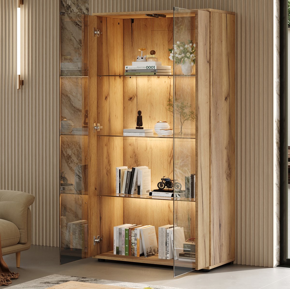 DESMIU Vitrinekast - 2 Glazen Deuren En 4 Legplanken Met Verstelbare LED Verlichting - Voor Woonkamer, Eetkamer Of Kantoor - Hout En Glas - 80x36x150,5 Cm - Naturel