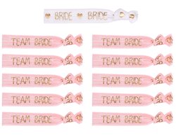 Go Go Gadget - Elastische Armbanden - Vrijgezellenfeest - Bruiloft - Bachelorette - Bachelor - Set van 11 stuks > 10x Team Bride (roze) + 1x Bride Armband (wit)