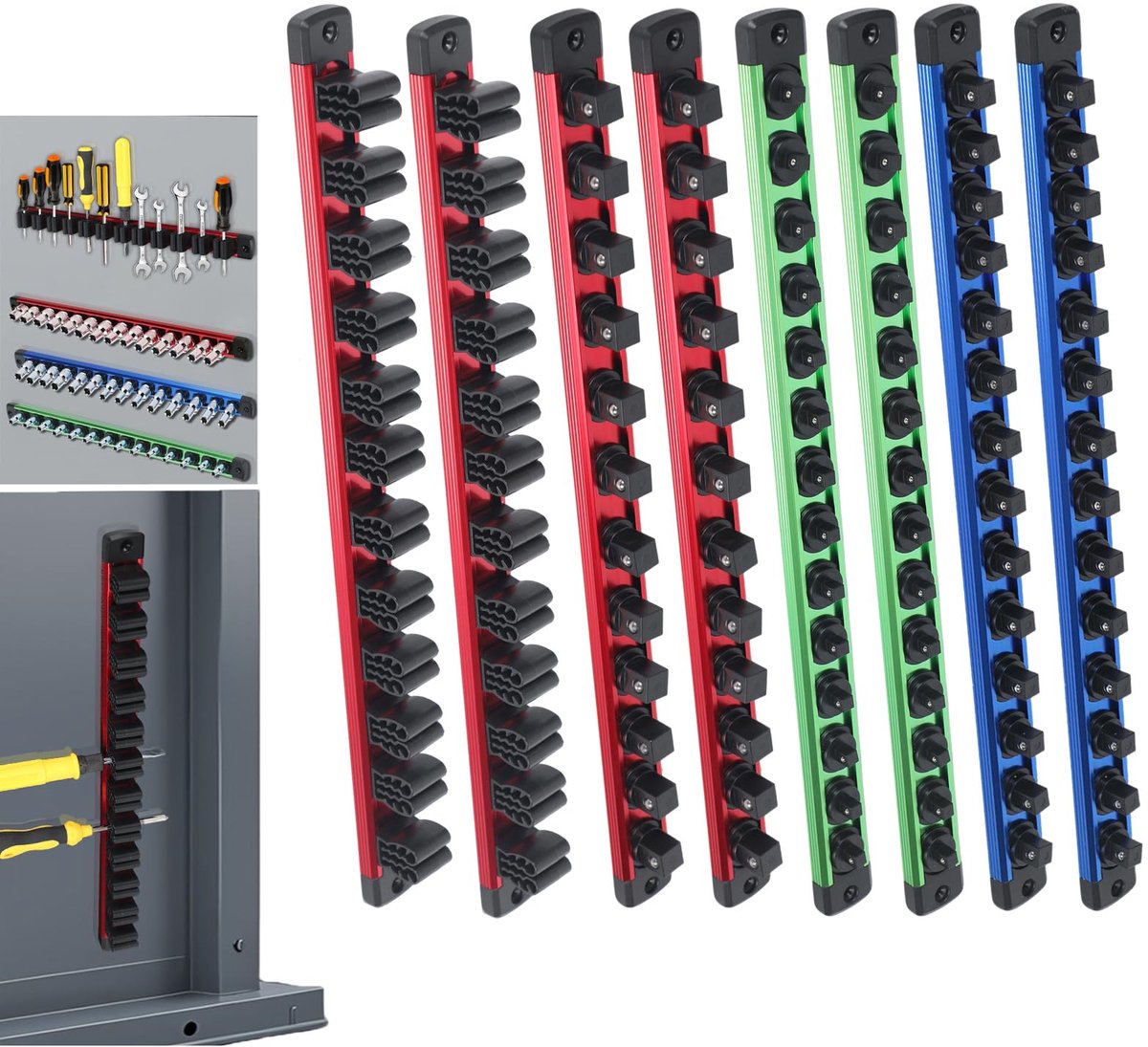 Magnetische Dopsleutelrail - 8 Stuks - Met Verschuifbare Clips - Voor 1/4 inch, 3/8 inch en 1/2 inch Dopsleutels