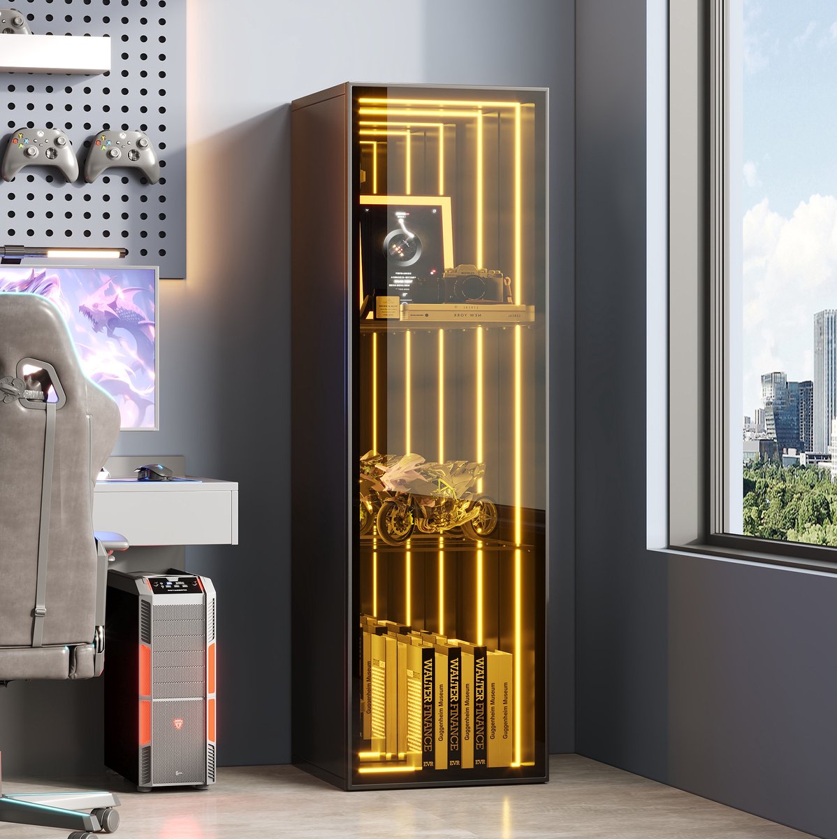 DESMIU Vitrinekast - Glazen Deur Met LED-Verlichting En Verstelbare Legplanken - Voor Collecties En Decoratie - Hout, Glas En Aluminium - 30x30x90 Cm - Zwart