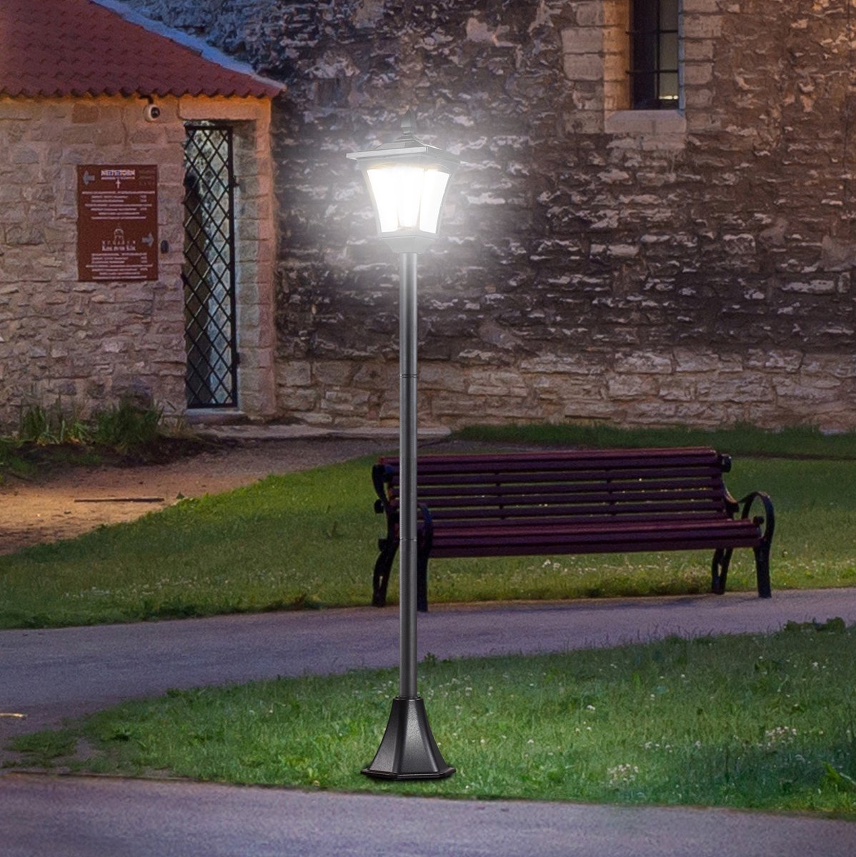 Tuinlantaarn – Zonne-energie – 18 x 18 x 160 cm – RVS – Zwart – LED – IP44 – Dag-nachtsensor