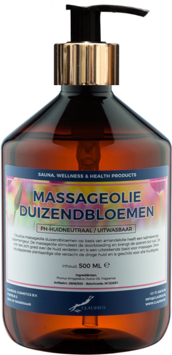 Massageolie Duizendbloemen 500 ml met gouden pomp - 100% natuurlijk - biologisch en koud geperst