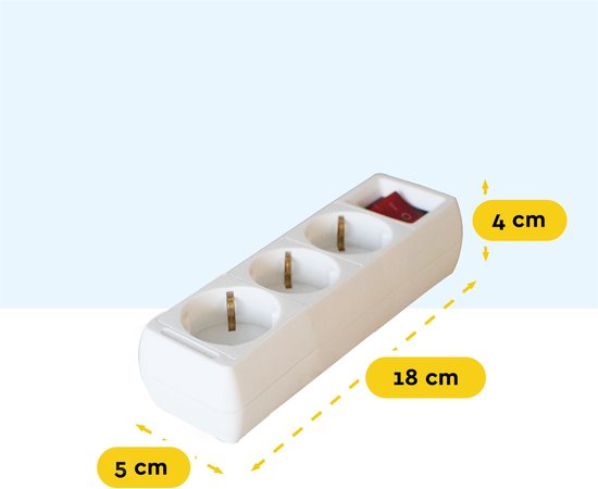 Wit 3-voudig stopcontactblok met rode schakelaar. Afmetingen: 18 cm x 5 cm x 4 cm.