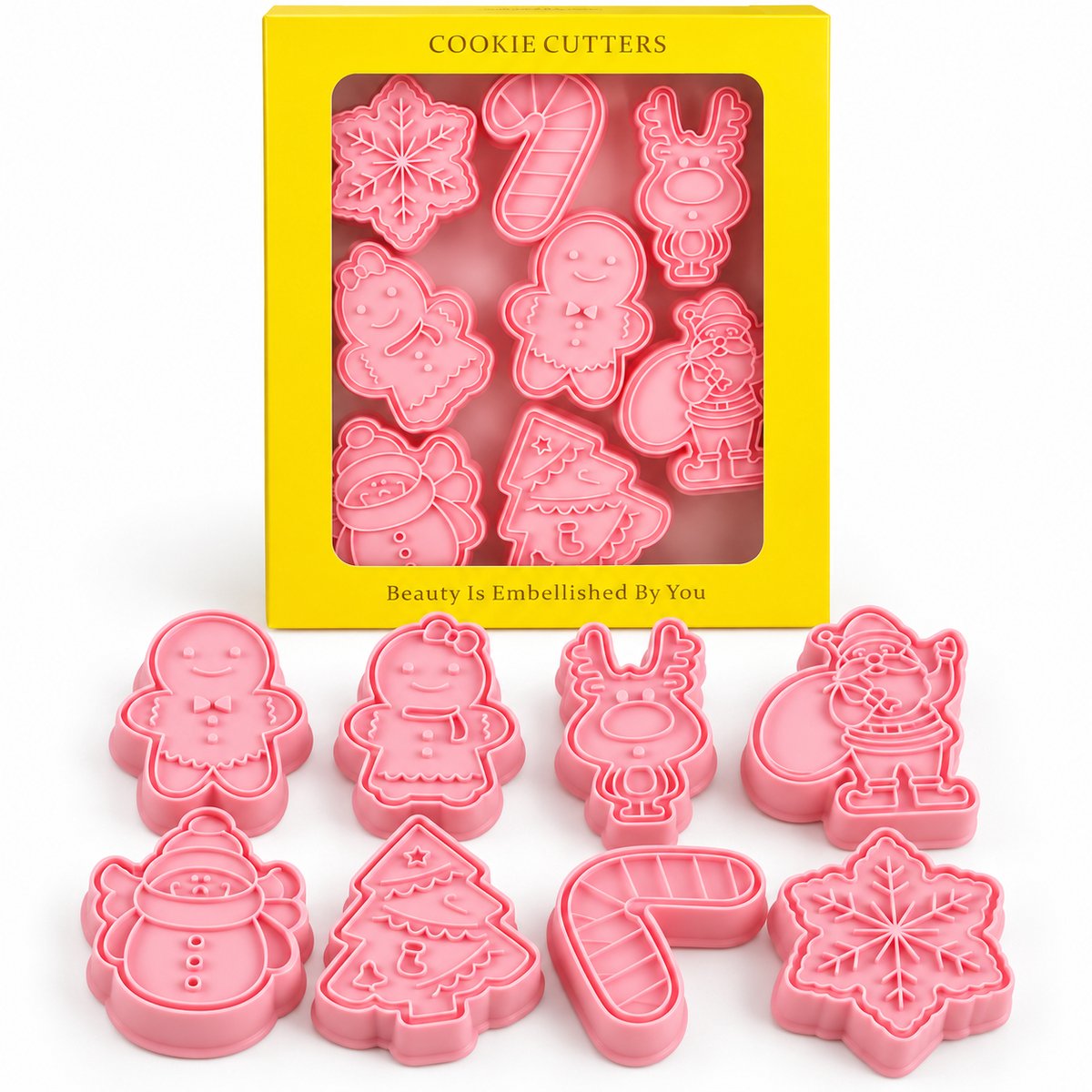 Nina's Giftshop® – Kerst koekjesvormpjes met stempel – 8-delige set kunststof uitsteekvormen voor kerstkoekjes