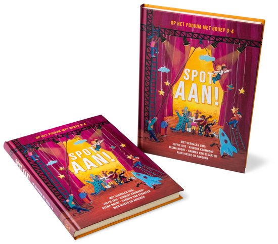 Twee kinderboeken met illustratie van een podiumvoorstelling. Een boek ligt open, het andere staat ernaast. De titel 'SPOT AAN!' is centraal.