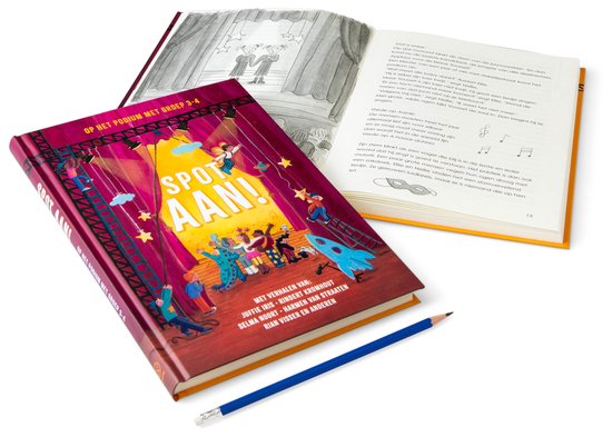 Kinderboek met illustratie van een podiumvoorstelling met veel kinderen, een raket en sterren. De titel 'SPOT AAN!' staat centraal.