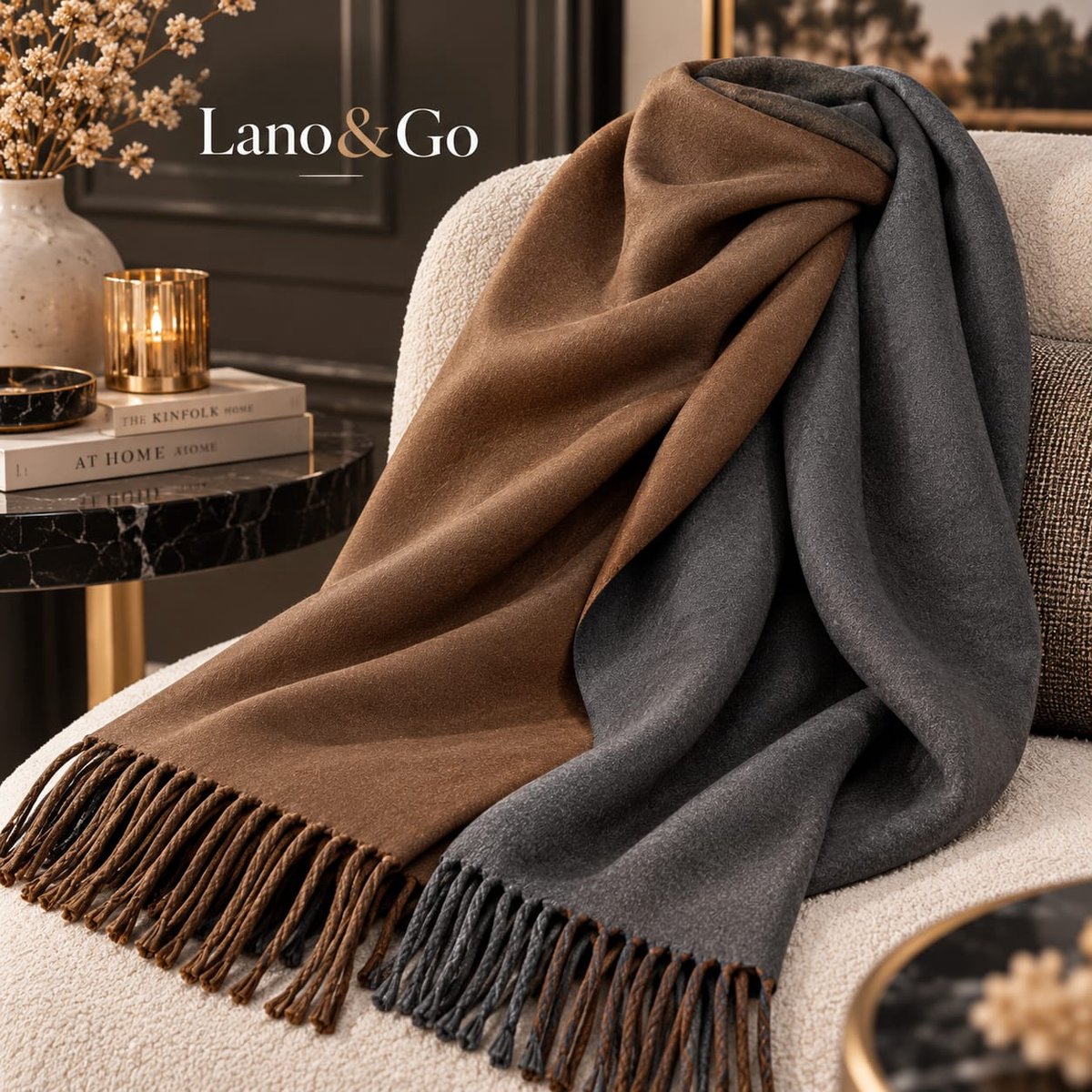 Lano&Go Wintersjaal dames – omkeerbare lange sjaal met kwastjes, warme omslagdoek