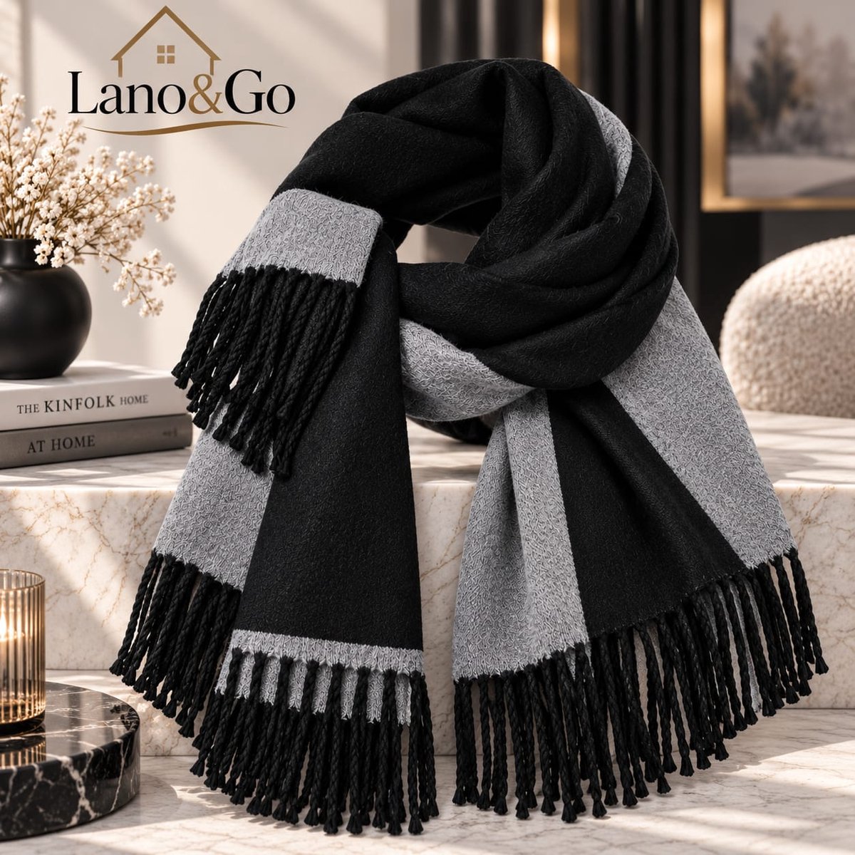 Lano&Go Reversible sjaal met kwastjes, lange warme winterse sjaal voor dames