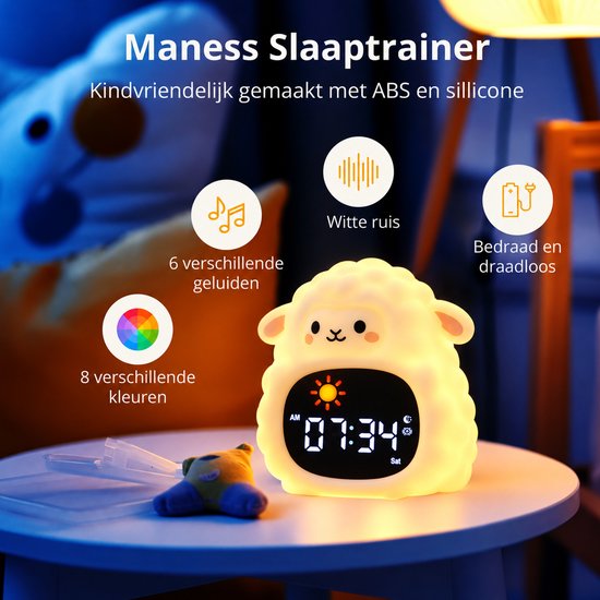 Maness® Schaap Slaaptrainer - Kinderwekker - Slaapwekker - Met nachtlamp functie en wekker timer - Slaaphulp voor kinderen vanaf de peuter leeftijd - Ook leuk als nachtlampje voor baby's van Maness — afbeelding 2