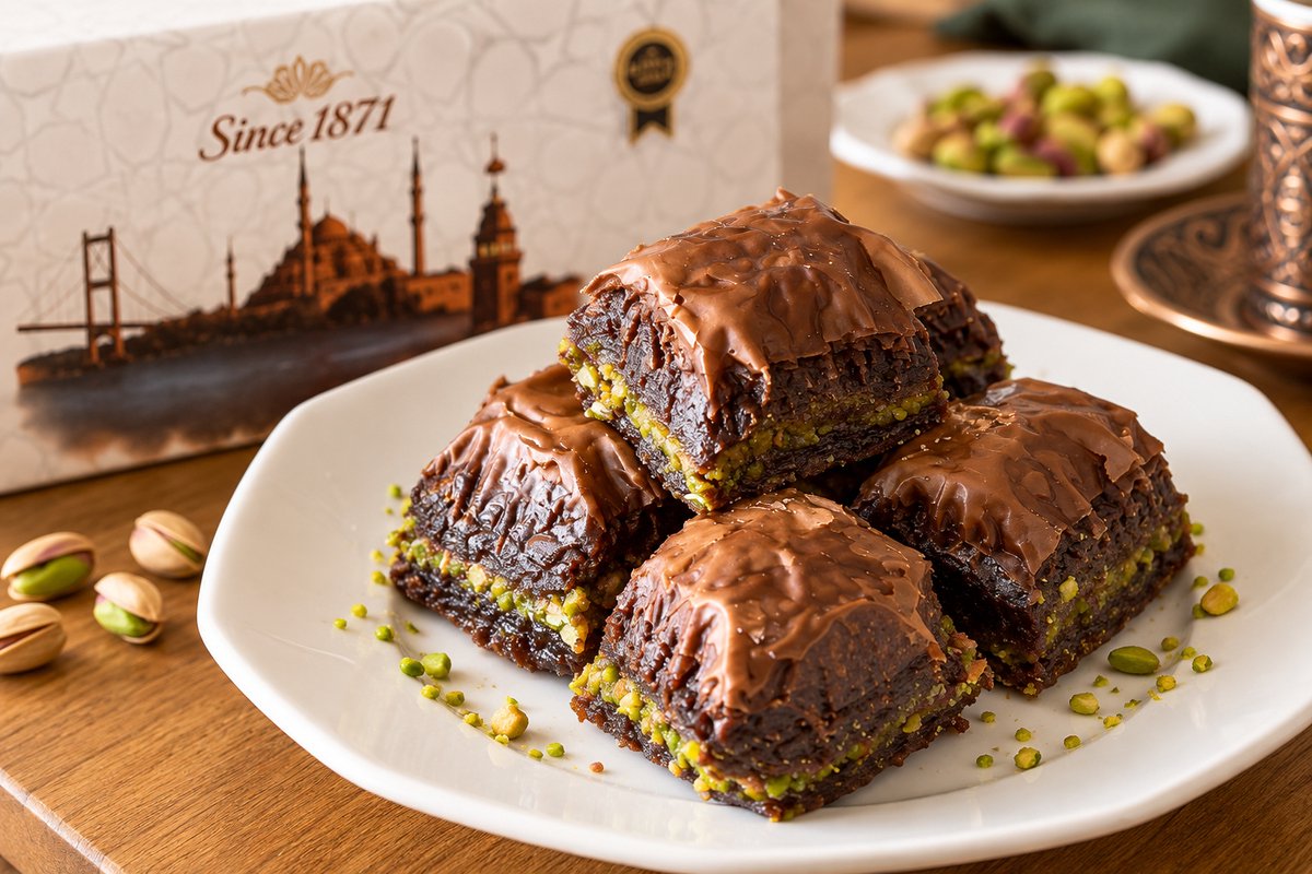 Since 1871 - Dubai Style Chocolade Pistache Baklava - 1 kg - 28 Stuks - Premium Turkse Baklava met Pistachenoten - Turks Dessert