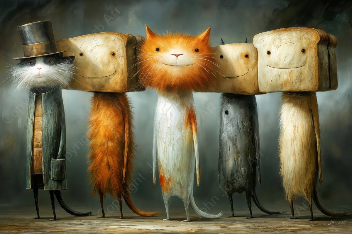 John Joseb Art (Glas) 120x80 | Poezen met brood hoofden, gek, grappig, surrealisme, humor, abstract, kunst, poes, blauw, grijs, oranje, bruin, modern | Foto-schilderij-glasschilderij-acrylglas-acrylaat-wanddecoratie