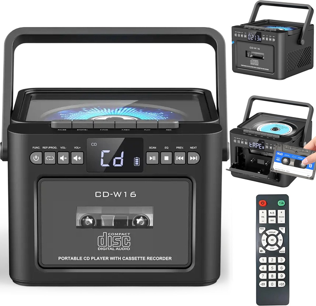 CD- en Cassettespeler met Bluetooth - Draagbare CD Radio - Bluetooth 5.1 - FM Radio - USB, SD & AUX - Oplaadbare 5000mAh Accu - Cassette Afspelen & Opnemen - Afstandsbediening - Zwart