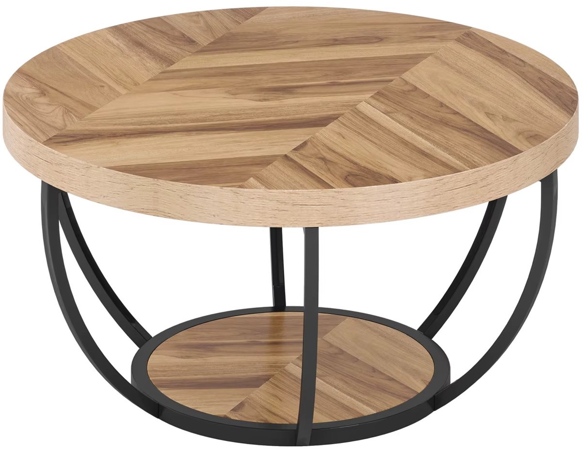 Mura Salontafel - Bijzettafel - Ronde Tafel - Koffietafel - Coffee Table - 2-Laags Opbergplank - Diameter 80cm - Metaal - Bruin