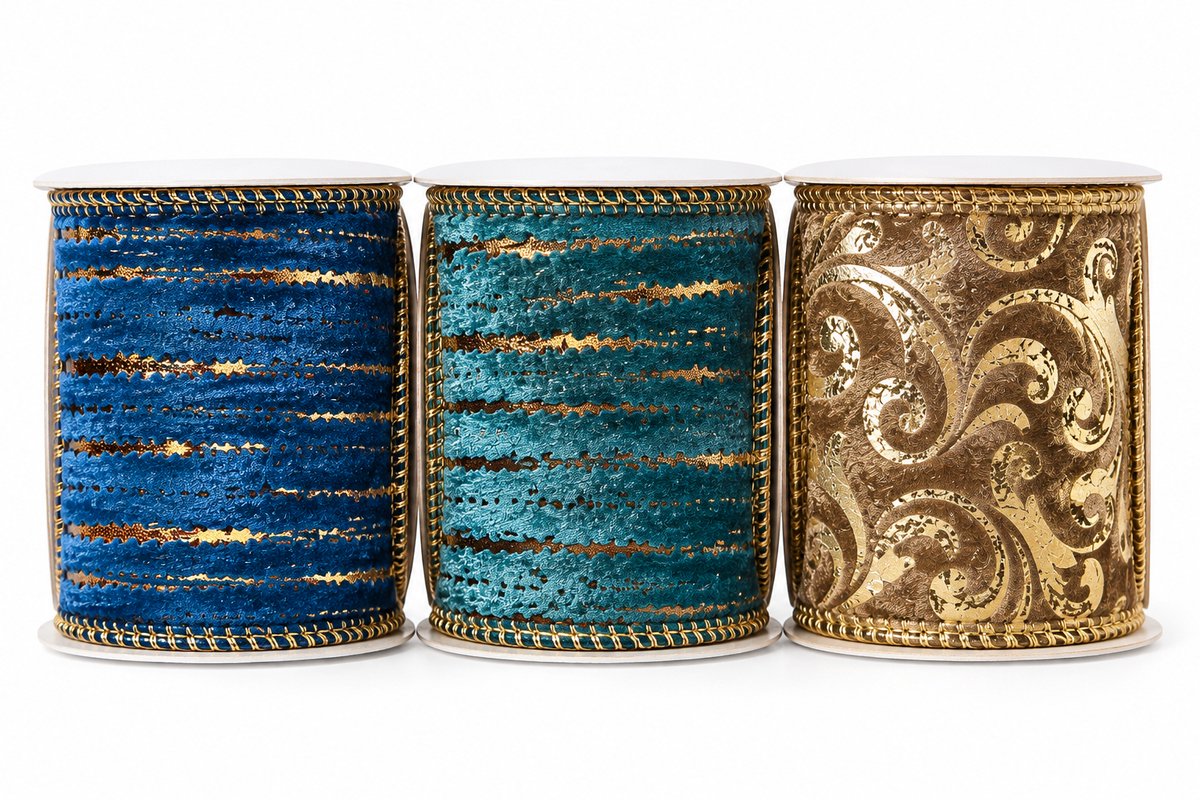 Luxe Velvet Cadeaulint – 3 Rollen – Blauw, Petrol & Goud – 6 cm x 300 cm – Fluwelen Inpaklint met Metallic Details – Totaal 9 Meter