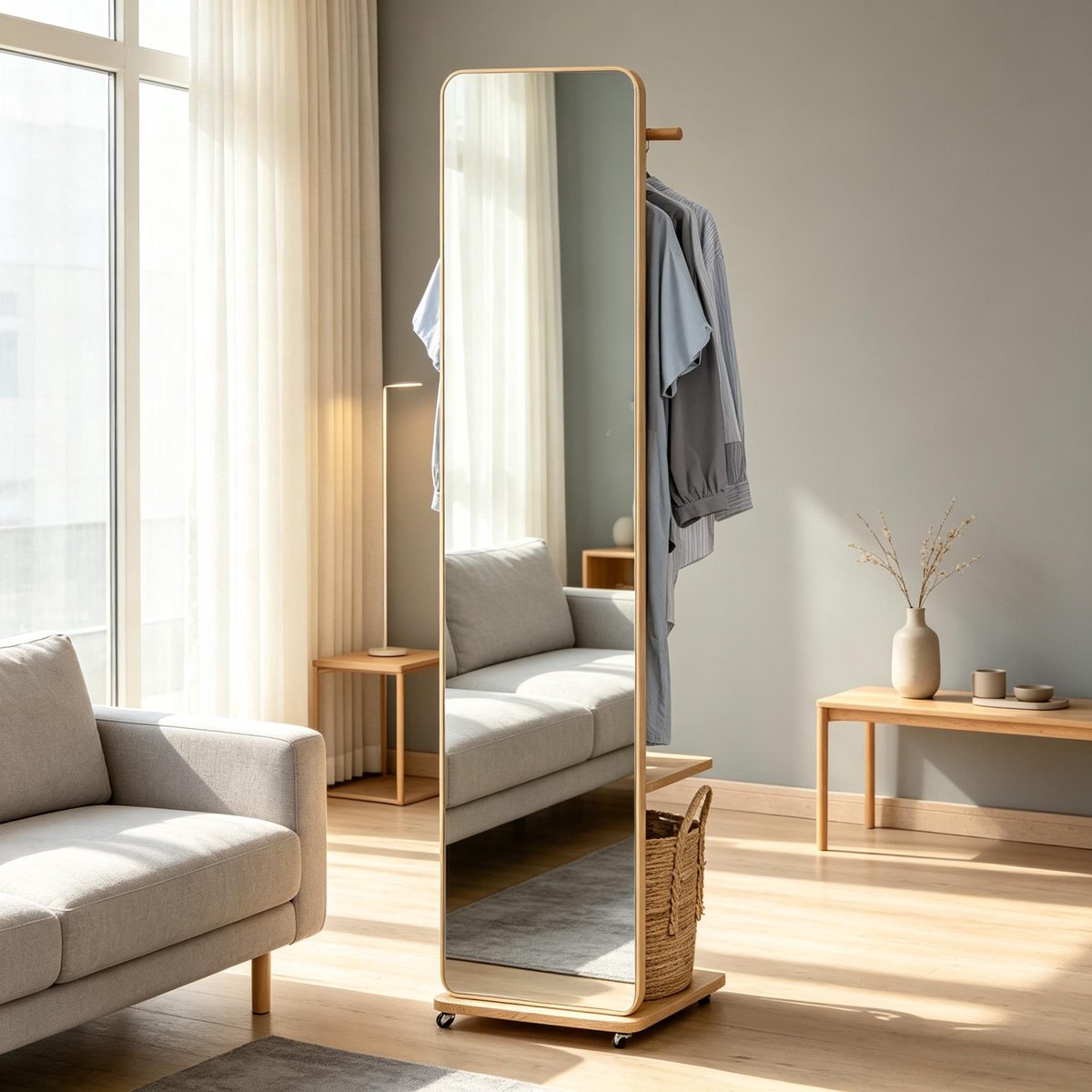 REDOM - Staande spiegel met kledingrek - Verrijdbaar met 4 wielen - Hangstang met 4 haken en opbergplank - MDF hout en glas - Licht houtlook - 40 x 44,5 x 170 cm