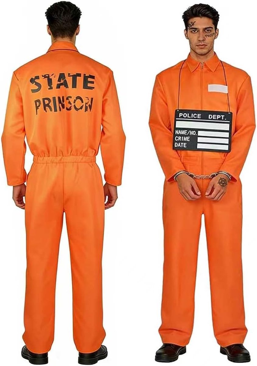 Unisex Oranje Gevangenis Kostuum voor Mannen en Vrouwen met Handboeien, Plaque en Tattoos, Perfect voor Carnaval en Halloween Feesten