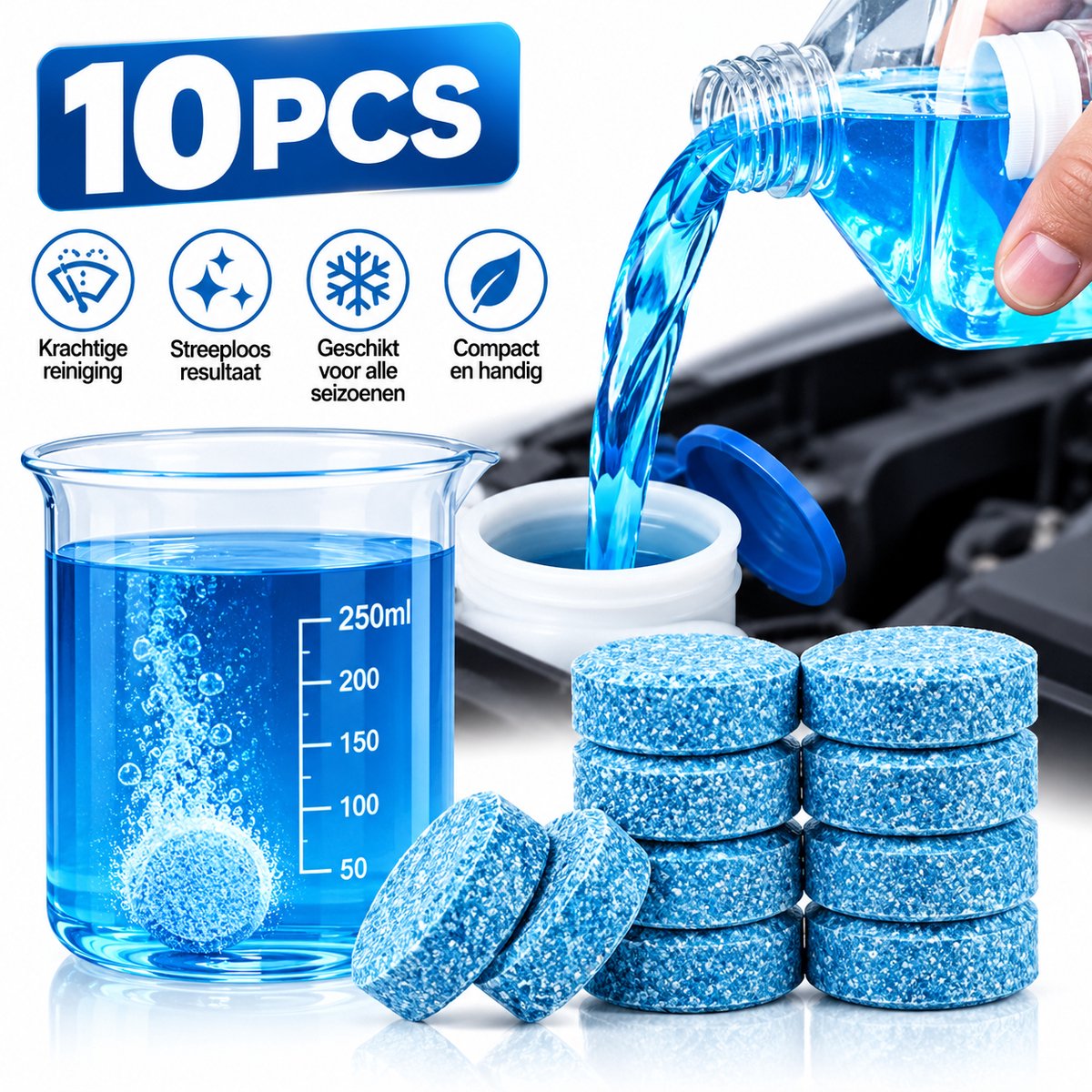 Ruitenwisser Bruistabletten 10 Stuks | Ruitenwisservloeistof Tabletten | Ruitensproeier Tabletten | Voorruit Reiniger Auto | Ruitenreiniger | 1 Tablet voor 4 Liter Water | Auto Raam Reiniger | Bruistabletten Auto | Zomergebruik | 10X Stuks | 40 Liter