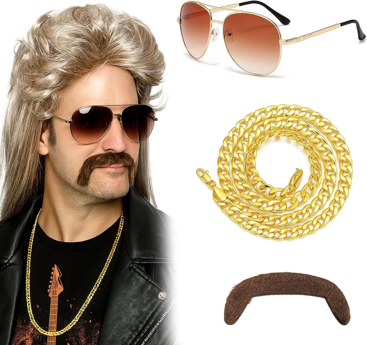 80s en 70s Kostuum voor Themafeesten, Carnaval en Halloween - Mulet en Eddie Outfit met Accessoires voor Cosplay en Feestelijke Gelegenheden