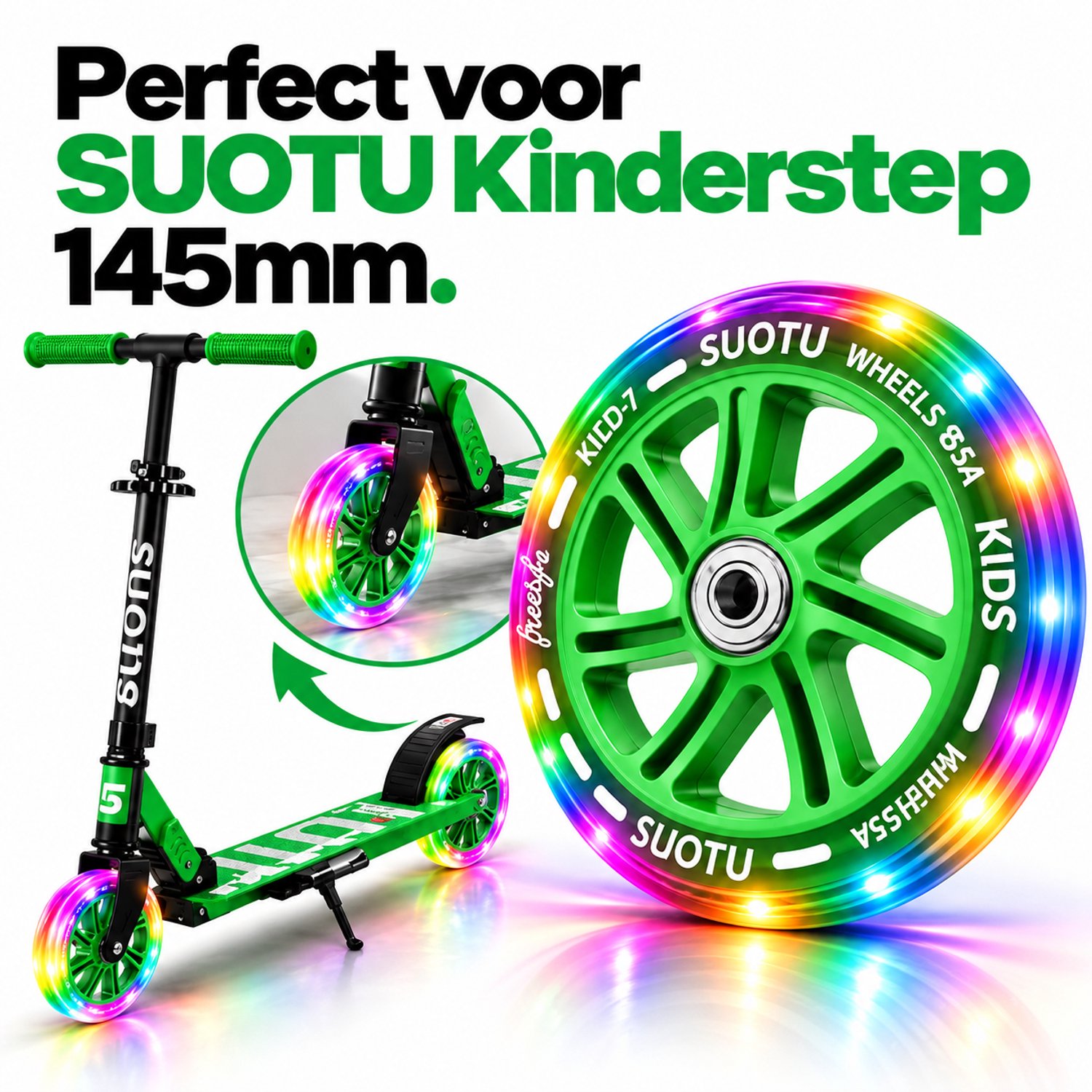 Suotu wielenset voor Stuntstep/Kinderstep - 2 Stuks - 145mm Lichtgevende Wielen - Groen — afbeelding 5