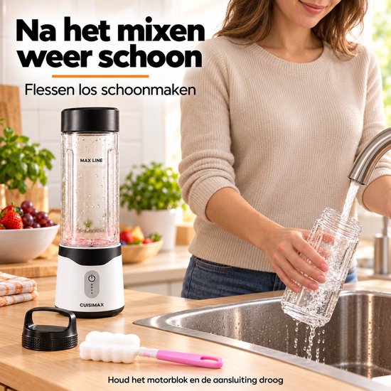 Cuisimax Blender to go met 2 Drinkflessen - Draadloos - 550ML - Smoothie maker - Draagbare blender - Oplaadbare mini blender van Cuisimax — afbeelding 4