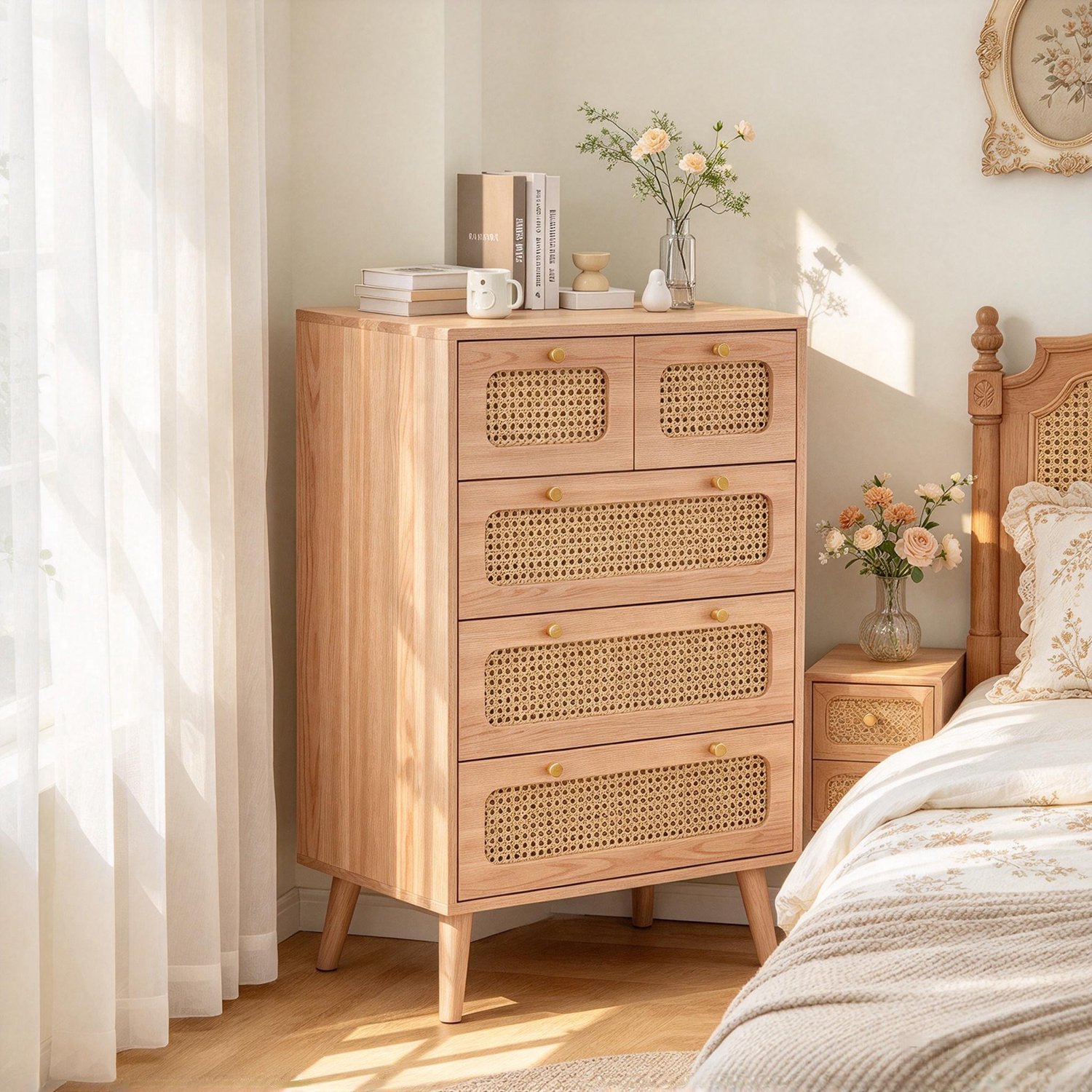 ROSAHQNDA Kast - Ladekast - Met 5 Lades - 60x34x91 cm - Rotan Dressoir - Opbergkast - Voor Slaapkamer en Woonkamer - Houtkleur