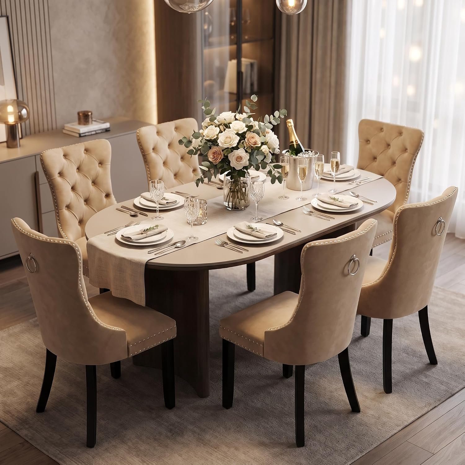 Puluomis Eetkamerstoelen - Set Van 6 - Fluweelstof - Massief houten poten - Khaki