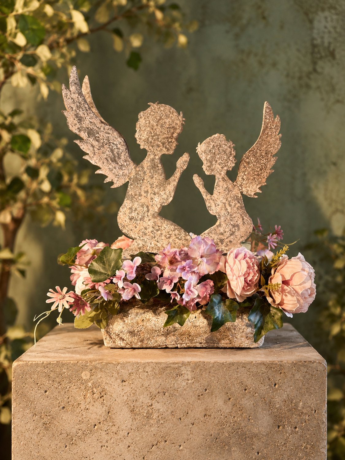 Seta Fiori Grafstuk Twee Metalen Engelen met Kunstbloemen 45 cm - Herdenkingsbloemstuk in Keramieken Bak - Handgemaakt Uniek Exemplaar - Lila, Perzik en Crème Lila, perzik, crème