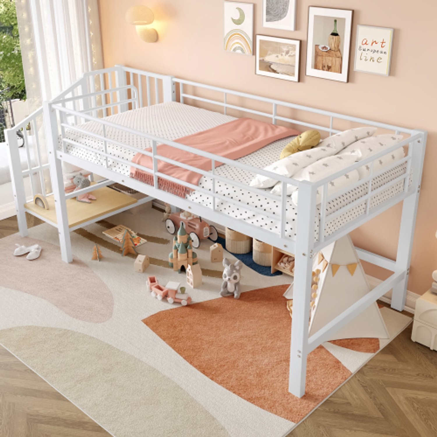 Zubaliya Kinderbed, Eenpersoonsbed, 90 x 200 Halfhoog hoogslaper met opbergtrap, Wit