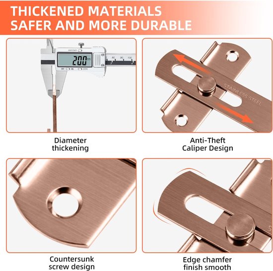 4 inch inklapbare schuifdeurgrendel, zware uitvoering voor privacy - koperlook - voor schuifdeuren, kasten, hekken - 4 stuks — afbeelding 4