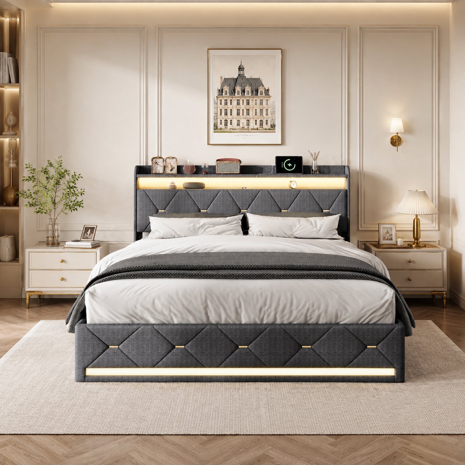 Yelenaro Gestoffeerd bed 140x200 cm, Hydraulisch Jeugdbed met LED-verlichting en USB-aansluitingen, Opbergbed met Opbergruimte in het Hoofdeinde, Linnen, Grijs