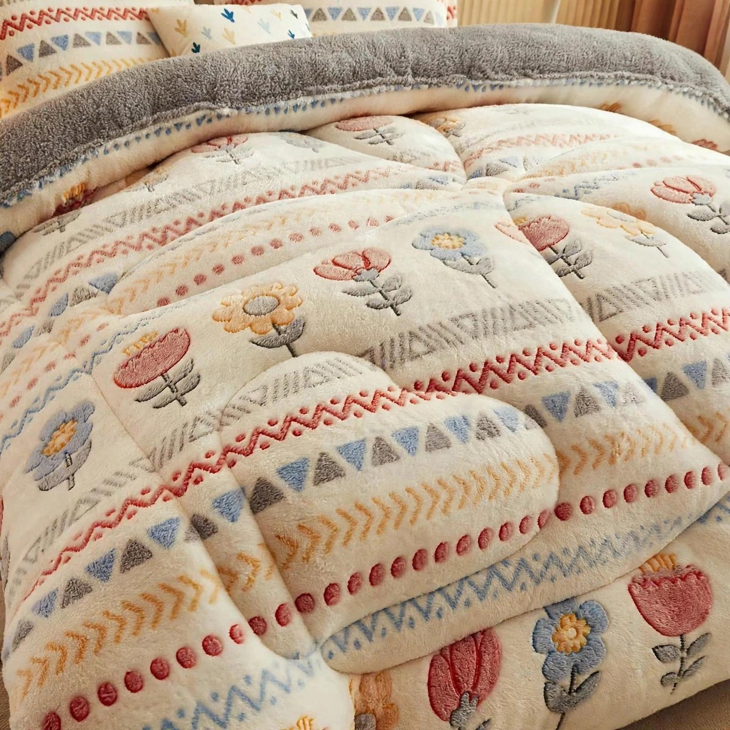 J.T.R Winter Dekbed 240x220 cm - Extra Dik & Warm - Bohemian Bloemen - Met Sherpa Fleece - Tweepersoons - Zonder Dekbedovertrek Nodig. Wit
