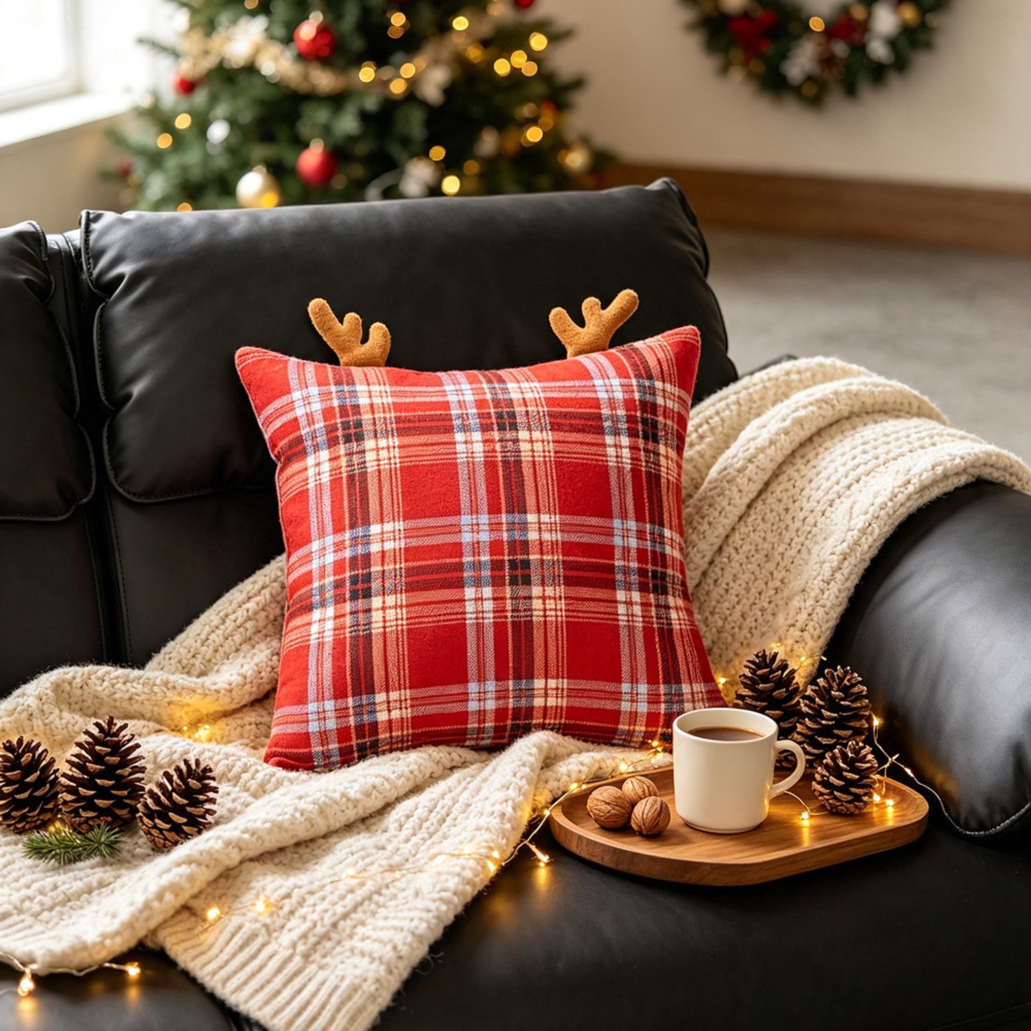 FLITI Kerst Kussenhoes - Geruite Kussenhoes met Rendiergewei - Britse Ruitprint - Voor Bank, Sofa en Kerstdecoratie - Rood - 45 x 45 cm - 1 Stuk