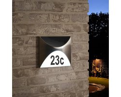 RexTech Solar huisnummer verlichting buiten 'Tau' - Helder wit licht (4000K) - Inclusief nummers - RVS behuizing - Met schemersensor - Wandlamp op zonne-energie
