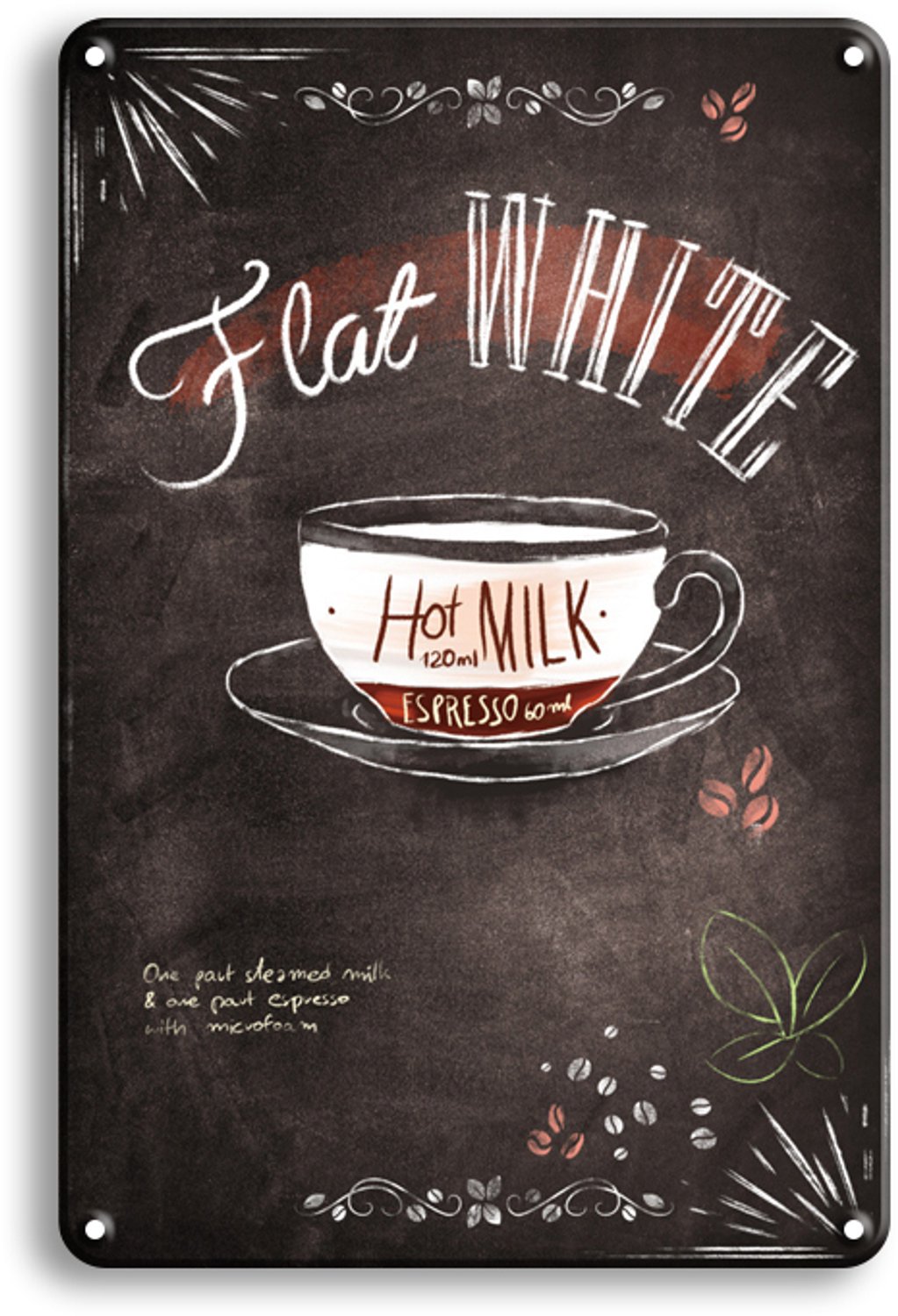 Vulders Trading Flat White Metalen Wandbord 30x20cm – Koffie Reclamebord – Vintage Retro Wanddecoratie – Keuken Koffiehoek Café Multi