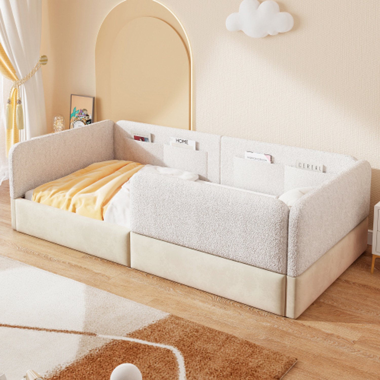 Zubaliya Kinderbed, Eenpersoonsbed, 90x200 gestoffeerd platformbed met veiligheidshek en opbergzak, Wit