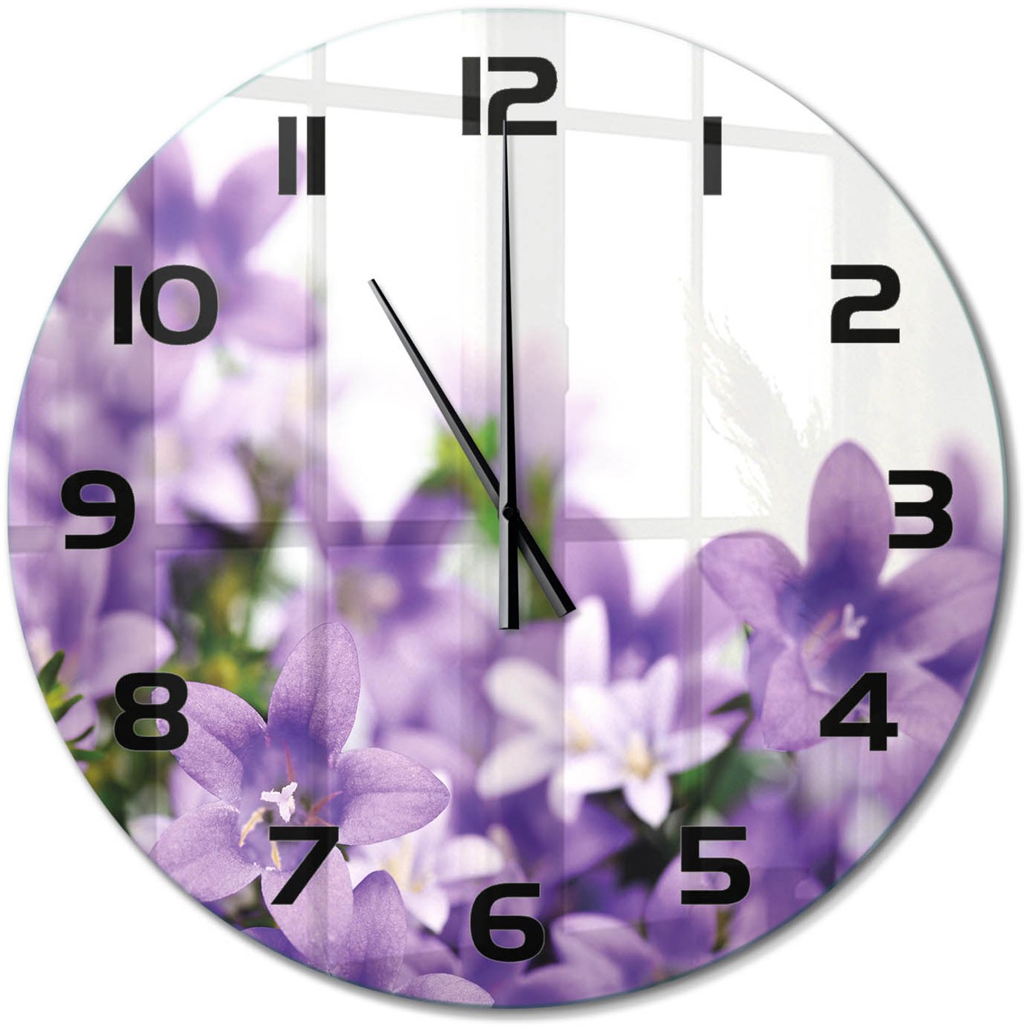 TULUP Wandklok - Paarse klokjes Moderne Wandklok Glas - fi60 cm - Paars Wandklok Glas Decoratie - Zwarte handen - Ronde Klok - Glazen Wandklok Design - Klok Glas Met Opdruk