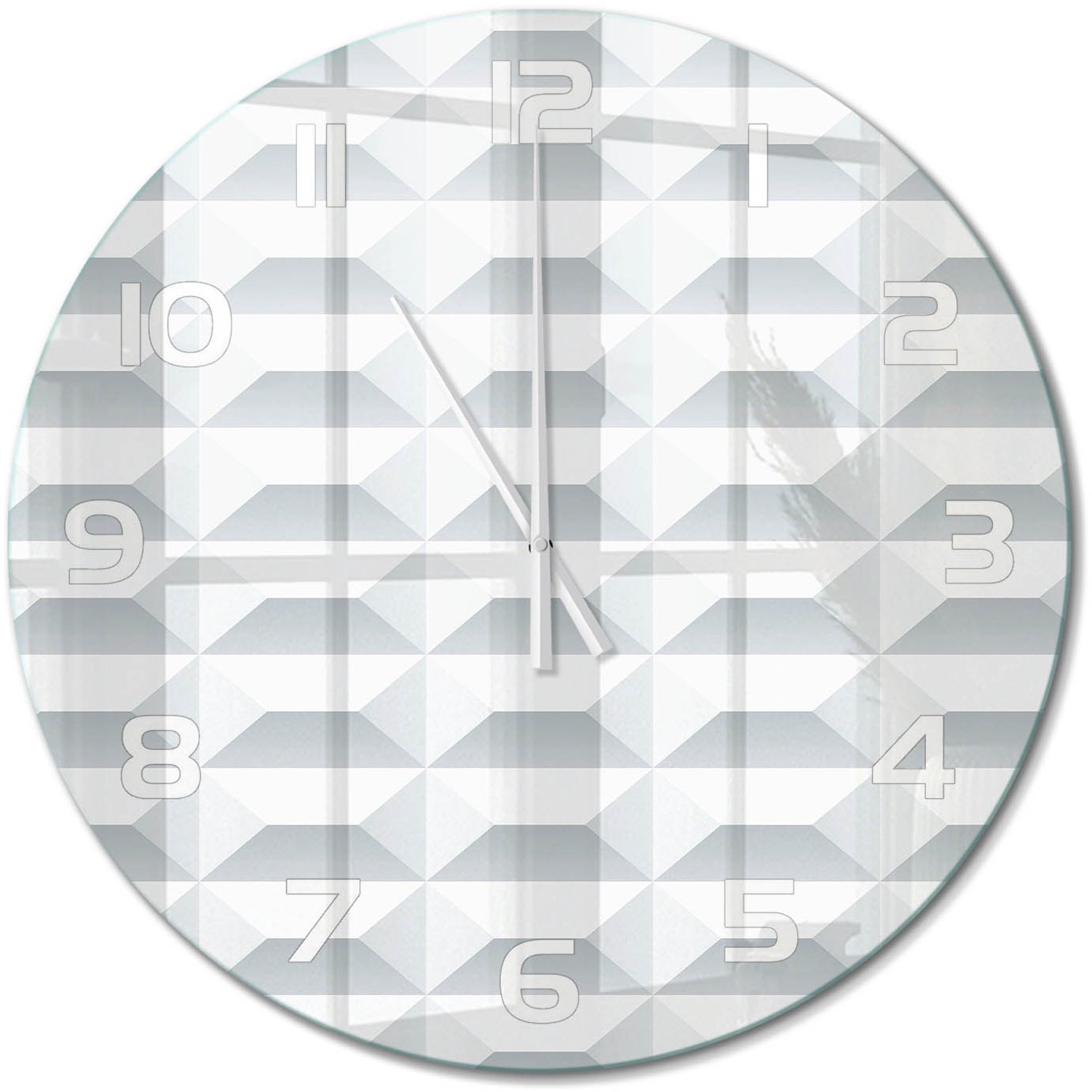 TULUP Wandklok - Geometrische achtergrond Klok Glas Met Opdruk - fi60 cm - Wit Moderne Wandklok Glas - Witte handen - Ronde Klok - Decoratieve Glazen Klok - Glazen Wandklok Design