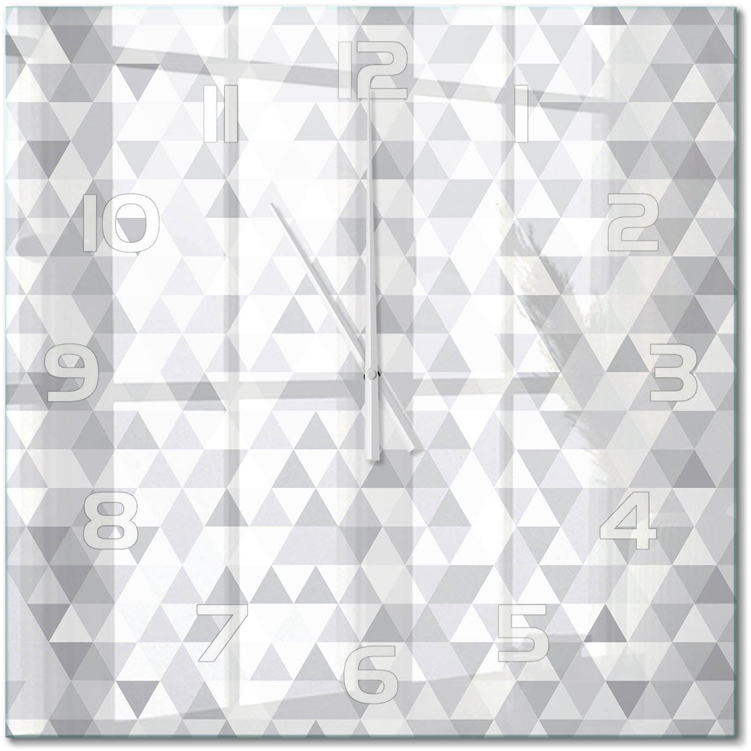 TULUP Wandklok - Grijze driehoeken Glazen Wandklok Design - 60x60 cm - Grijs Klok Glas Met Opdruk - Witte handen - Vierkante Klok - Wandklok Glas Met Motief - Decoratieve Glazen Klok