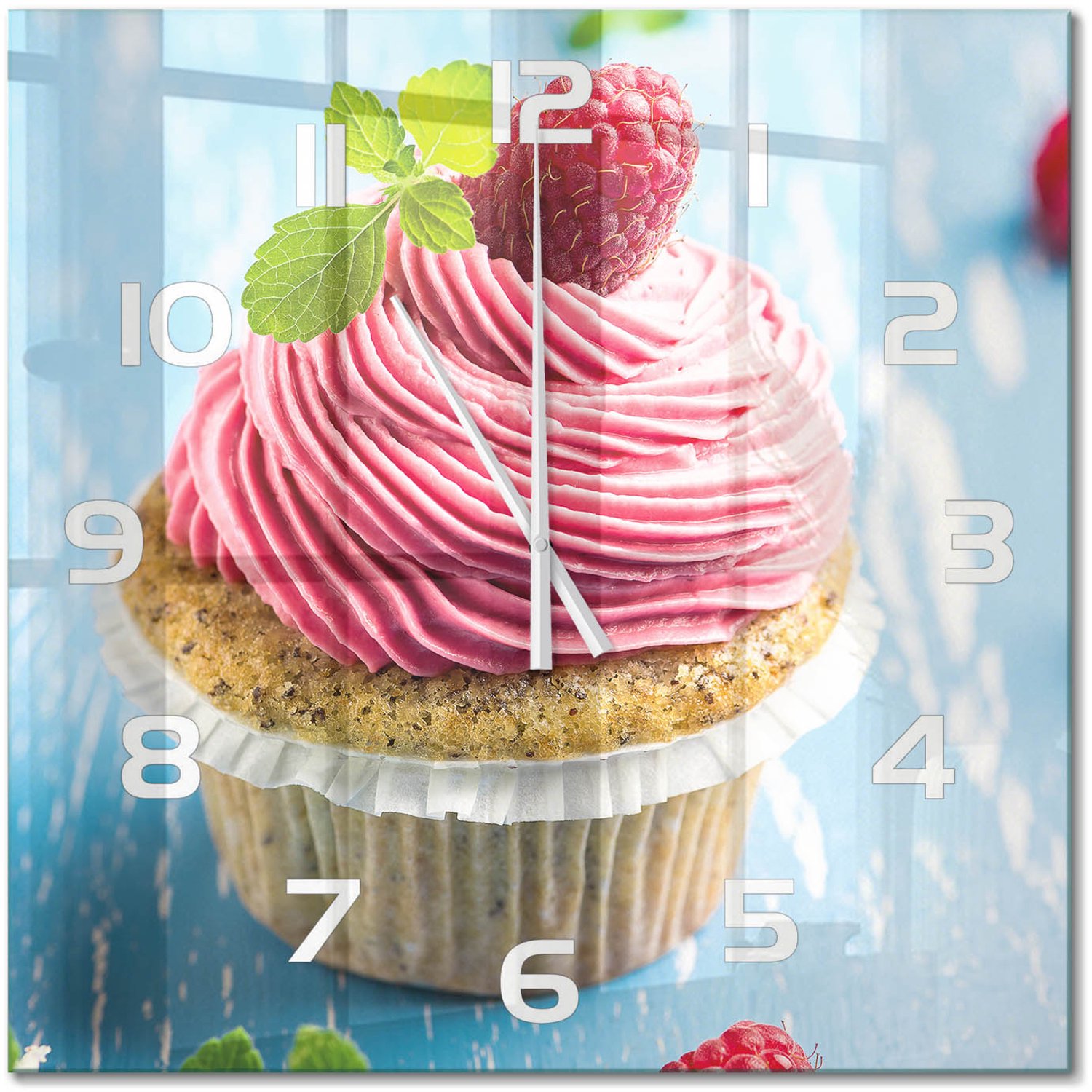 TULUP Wandklok - Frambozenmuffin Klok Glas Met Opdruk - 60x60 cm - Rood Moderne Wandklok Glas - Witte handen - Vierkante Klok - Decoratieve Glazen Klok - Glazen Wandklok Design