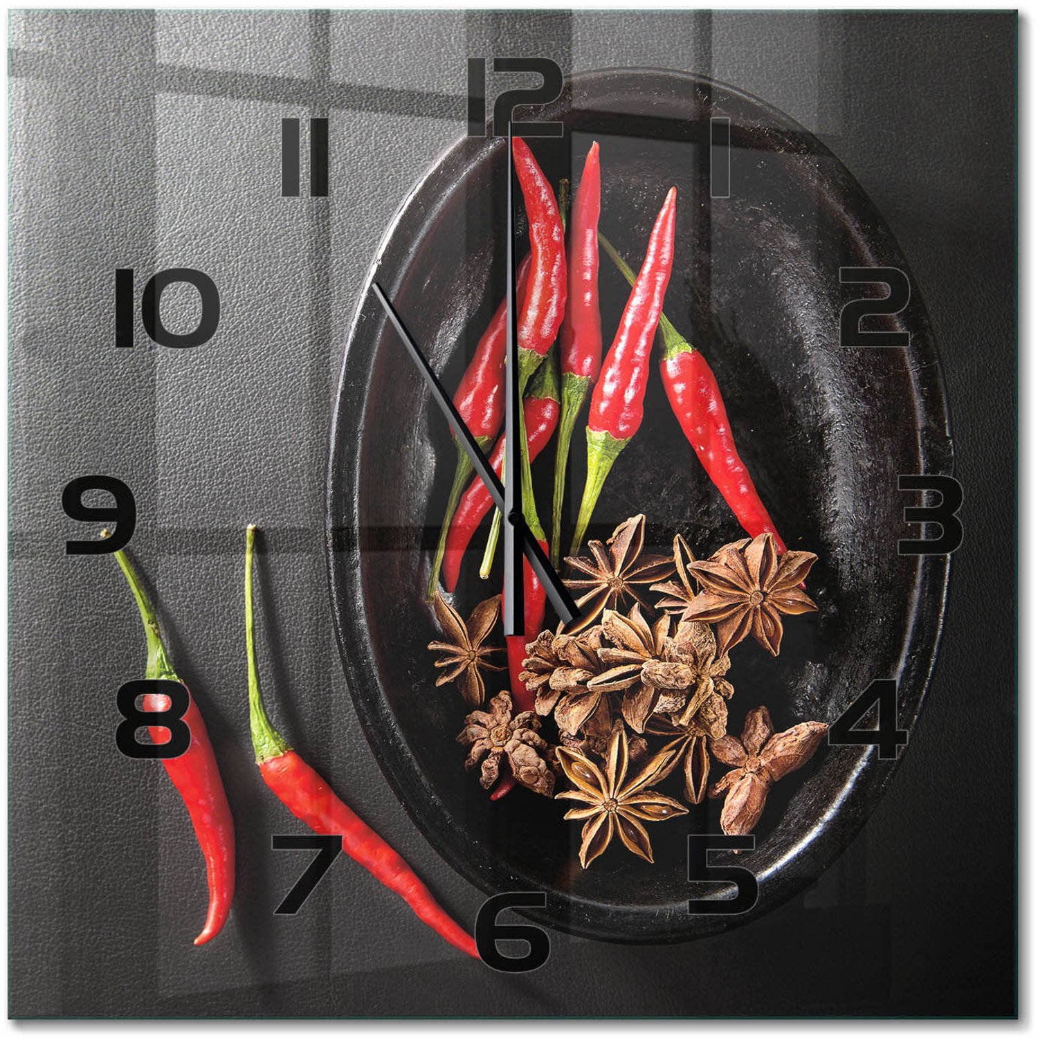TULUP Wandklok - Chilipepers Wandklok Glas Met Motief - 60x60 cm - Rood Decoratieve Glazen Klok - Zwarte handen - Vierkante Klok - Gekleurde Glazen Klok - Glazen Klok Met Print
