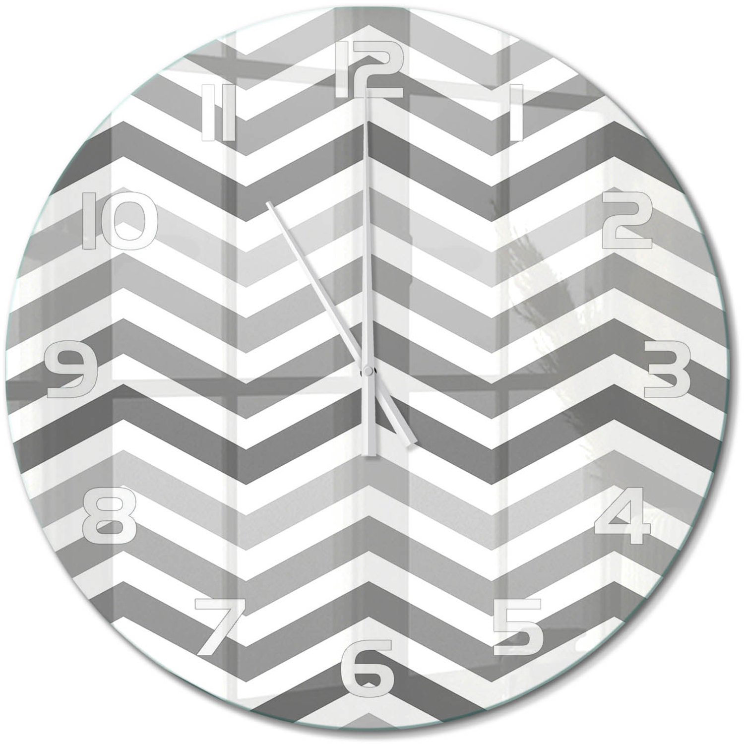 TULUP Wandklok - Grijze zigzag Wandklok Glas Met Motief - fi60 cm - Grijs Decoratieve Glazen Klok - Witte handen - Ronde Klok - Gekleurde Glazen Klok - Glazen Klok Met Print