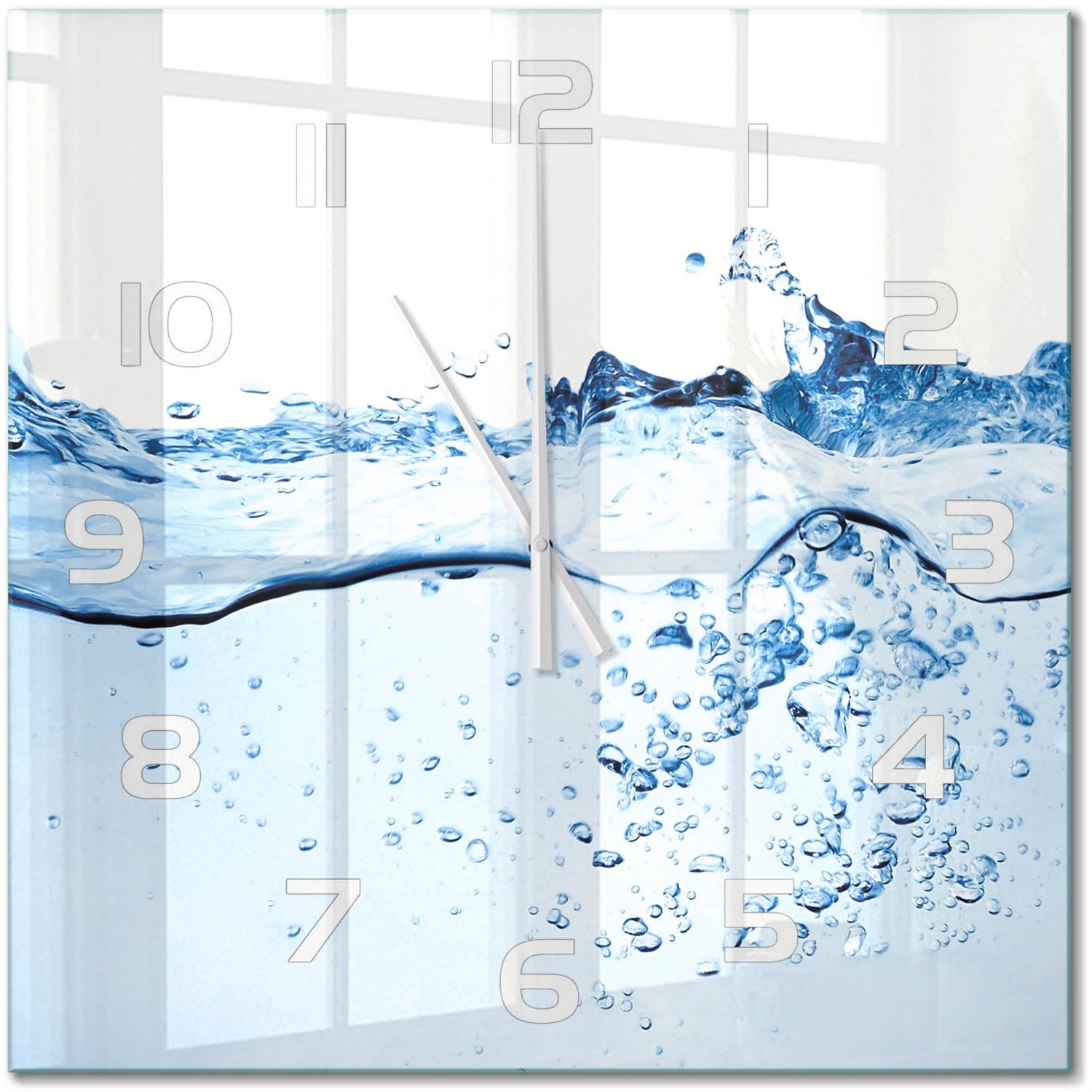 TULUP Wandklok - Water Glazen Wandklok Design - 60x60 cm - Blauw Klok Glas Met Opdruk - Witte handen - Vierkante Klok - Wandklok Glas Met Motief - Decoratieve Glazen Klok