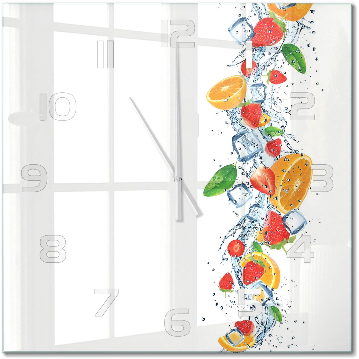 TULUP Wandklok - Fruit met ijs Klok Glas Met Opdruk - 60x60 cm - Veelkleurig Moderne Wandklok Glas - Witte handen - Vierkante Klok - Decoratieve Glazen Klok - Glazen Wandklok Design