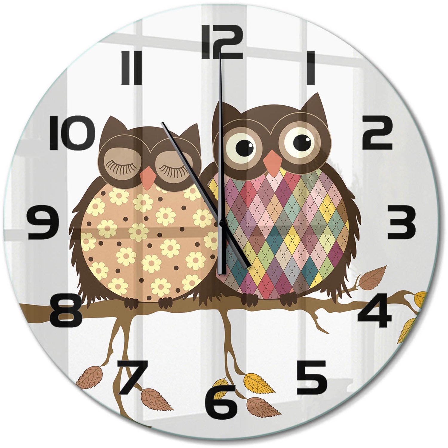 TULUP Wandklok - Twee uilen op een tak Decoratieve Glazen Klok - fi60 cm - Bruin Glazen Wandklok Design - Zwarte handen - Ronde Klok - Glazen Klok Met Print - Wandklok Glas Met Motief