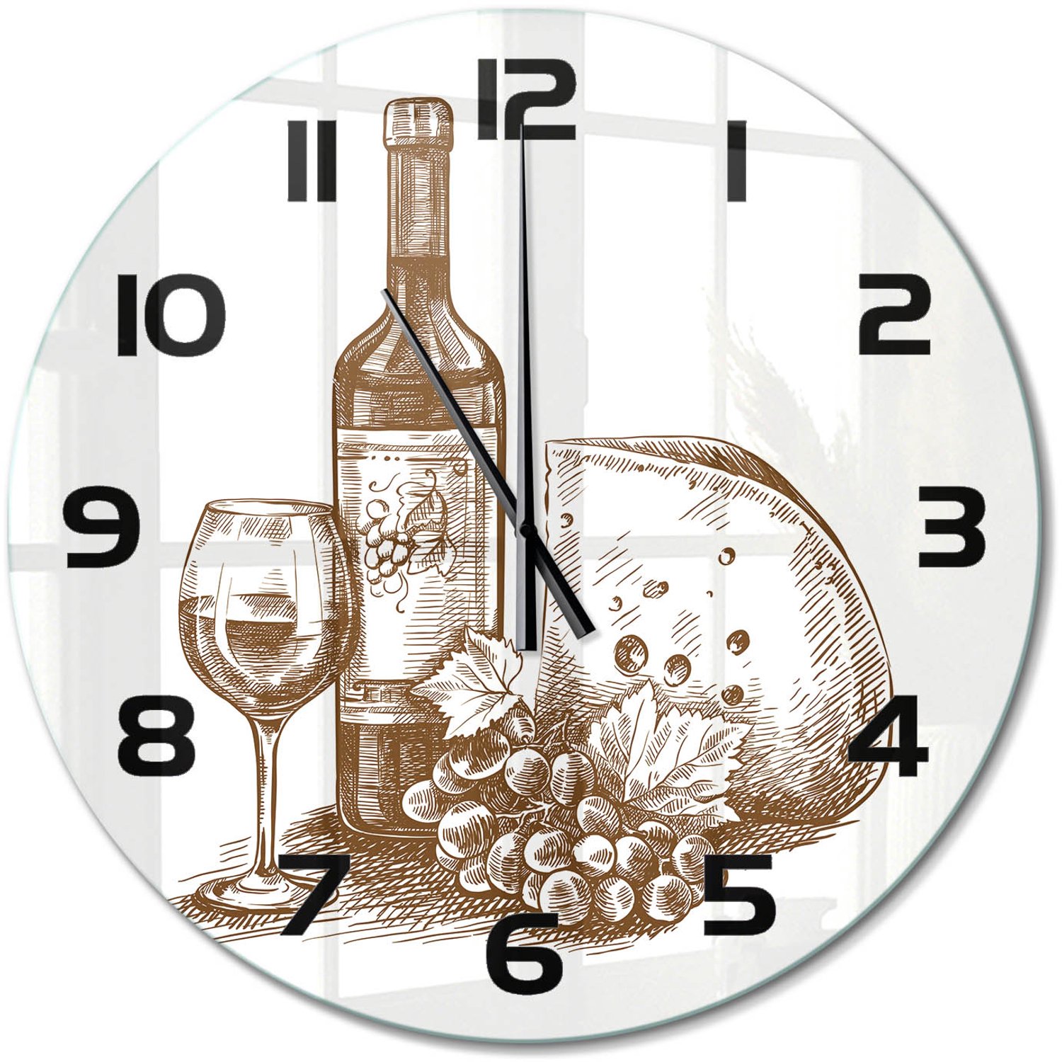 TULUP Wandklok - Wijn en hapjes Klok Glas Met Opdruk - fi60 cm - Zwart-wit Moderne Wandklok Glas - Zwarte handen - Ronde Klok - Decoratieve Glazen Klok - Glazen Wandklok Design