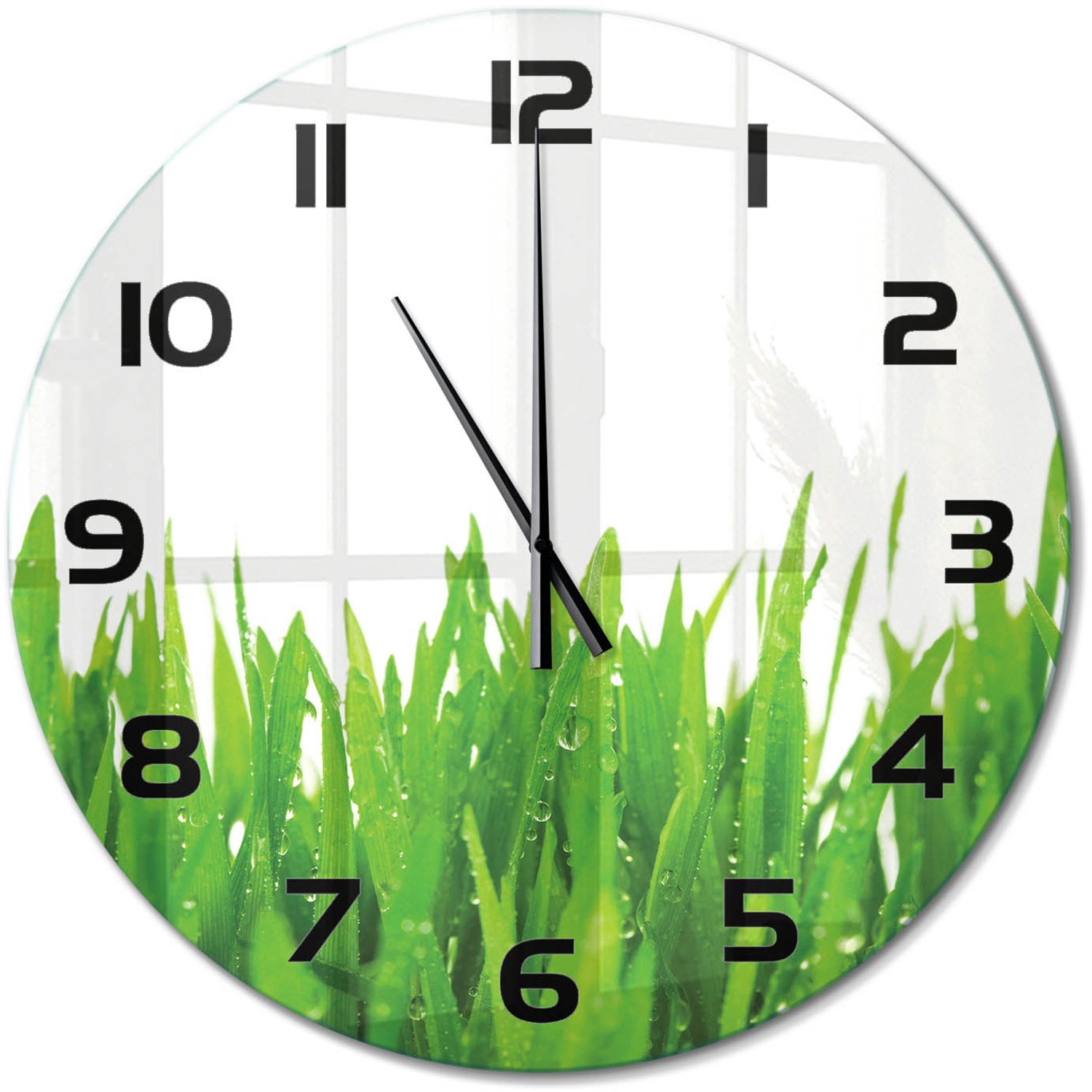 TULUP Wandklok - Gras Klok Glas Met Opdruk - fi60 cm - Groente Moderne Wandklok Glas - Zwarte handen - Ronde Klok - Decoratieve Glazen Klok - Glazen Wandklok Design